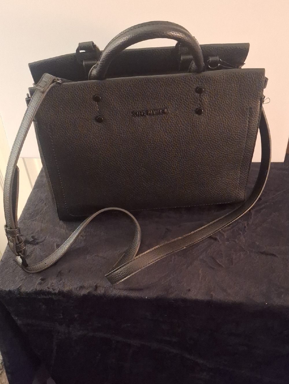 Steve Madden Black Pebbled Leather Tote with Crossbody Strap
